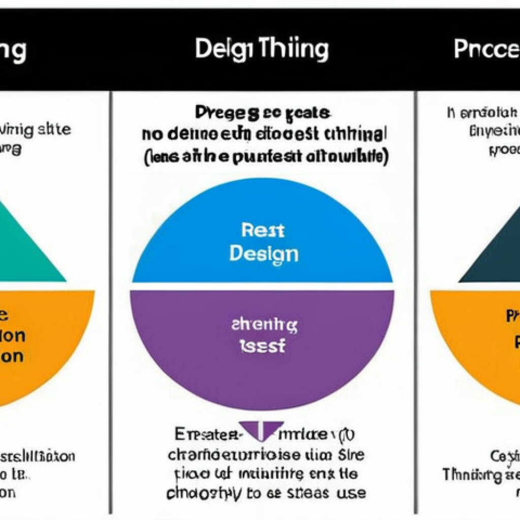 **Design Thinking Process Flow:** A visually engaging diagram showcasing the six stages of Design Thinking - Empathize, Define, Ideate, Prototype, Test, and Implement - connected by iterative arrows. Incorporate AI elements subtly to represent its role in data analysis and personalization. Use a bright, modern color palette to highlight the cyclical nature of the process.