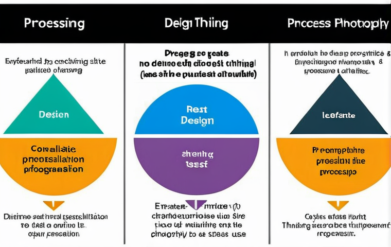 **Design Thinking Process Flow:** A visually engaging diagram showcasing the six stages of Design Thinking - Empathize, Define, Ideate, Prototype, Test, and Implement - connected by iterative arrows. Incorporate AI elements subtly to represent its role in data analysis and personalization. Use a bright, modern color palette to highlight the cyclical nature of the process.