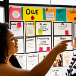 **

A diverse group of people collaborating around a large empathy map, filled with sticky notes and drawings. Some are pointing at sections labeled "O Que Vê" (What Sees), "O Que Ouve" (What Hears), "Dores" (Pains), and "Ganhos" (Gains). The atmosphere is collaborative and focused, with sunlight streaming through a window. Style: bright, modern, slightly stylized illustration.

**