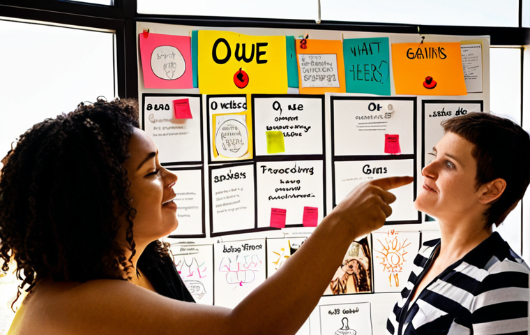 **

A diverse group of people collaborating around a large empathy map, filled with sticky notes and drawings. Some are pointing at sections labeled "O Que Vê" (What Sees), "O Que Ouve" (What Hears), "Dores" (Pains), and "Ganhos" (Gains). The atmosphere is collaborative and focused, with sunlight streaming through a window. Style: bright, modern, slightly stylized illustration.

**