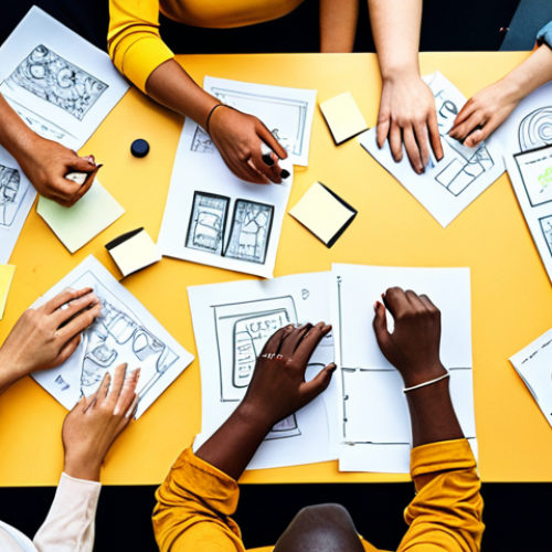 **

"A diverse group of people brainstorming around a table, covered with sketches, sticky notes, and prototypes. Emphasize collaboration and energy.  Color scheme: Bright and optimistic. Style: Illustration, conveying a sense of innovation and problem-solving."

**