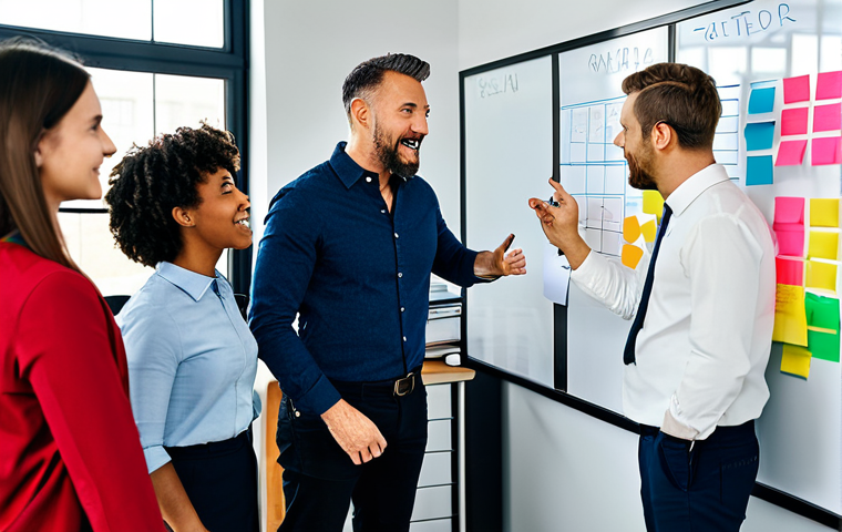디자인 씽킹을 활용한 효과적인 프로세스 설계 - **
A diverse team of professionals collaborating around a large whiteboard covered in colorful stic...