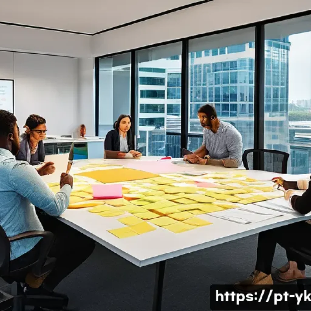디자인 씽킹 툴킷 활용법 - A vibrant office scene featuring a diverse team of professionals—designers, engineers, and marketers...
