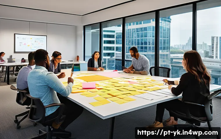 디자인 씽킹 툴킷 활용법 - A vibrant office scene featuring a diverse team of professionals—designers, engineers, and marketers...