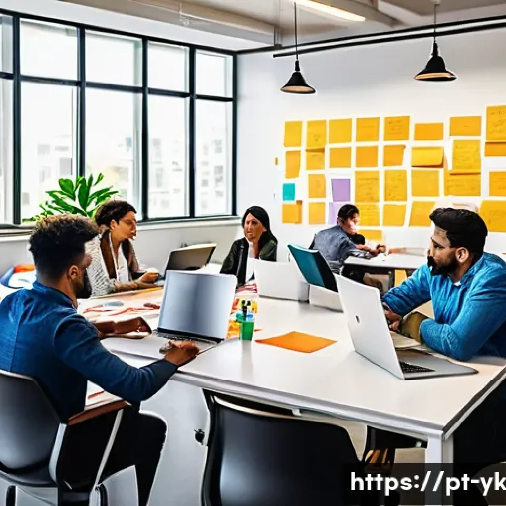 디자인 씽킹 워크숍 진행 방법 - A modern, bright workshop room filled with diverse professionals collaborating actively around flexi...