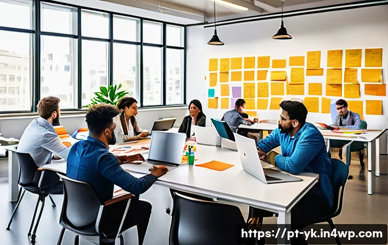 디자인 씽킹 워크숍 진행 방법 - A modern, bright workshop room filled with diverse professionals collaborating actively around flexi...