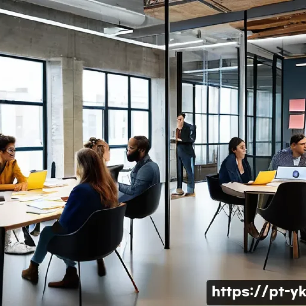 디자인 씽킹 과정에서 피드백 효과적으로 받기 - A diverse group of professionals gathered in a modern office space, actively engaged in a design thi...