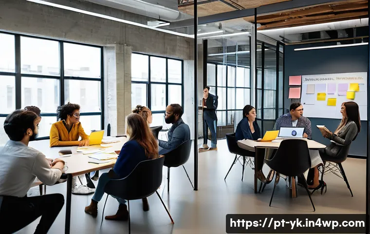 디자인 씽킹 과정에서 피드백 효과적으로 받기 - A diverse group of professionals gathered in a modern office space, actively engaged in a design thi...