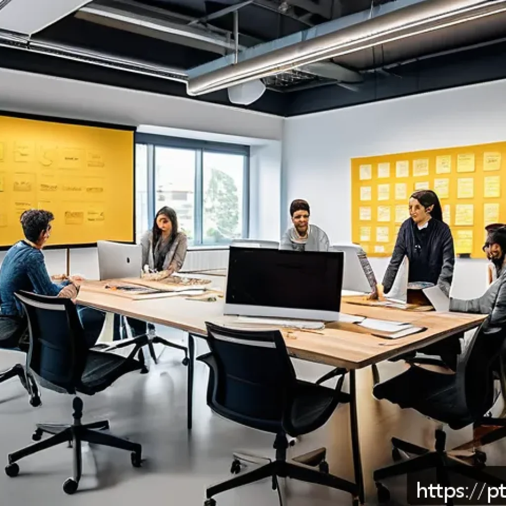 디자인 씽킹의 다양한 접근법과 장단점 - A diverse multidisciplinary team collaborating in a modern office space filled with digital screens ...