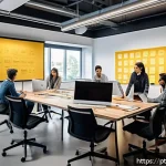 Home 19 디자인 씽킹의 다양한 접근법과 장단점 - A diverse multidisciplinary team collaborating in a modern office space filled with digital screens ...