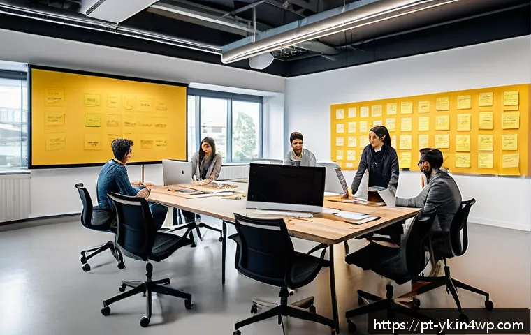 디자인 씽킹의 다양한 접근법과 장단점 - A diverse multidisciplinary team collaborating in a modern office space filled with digital screens ...